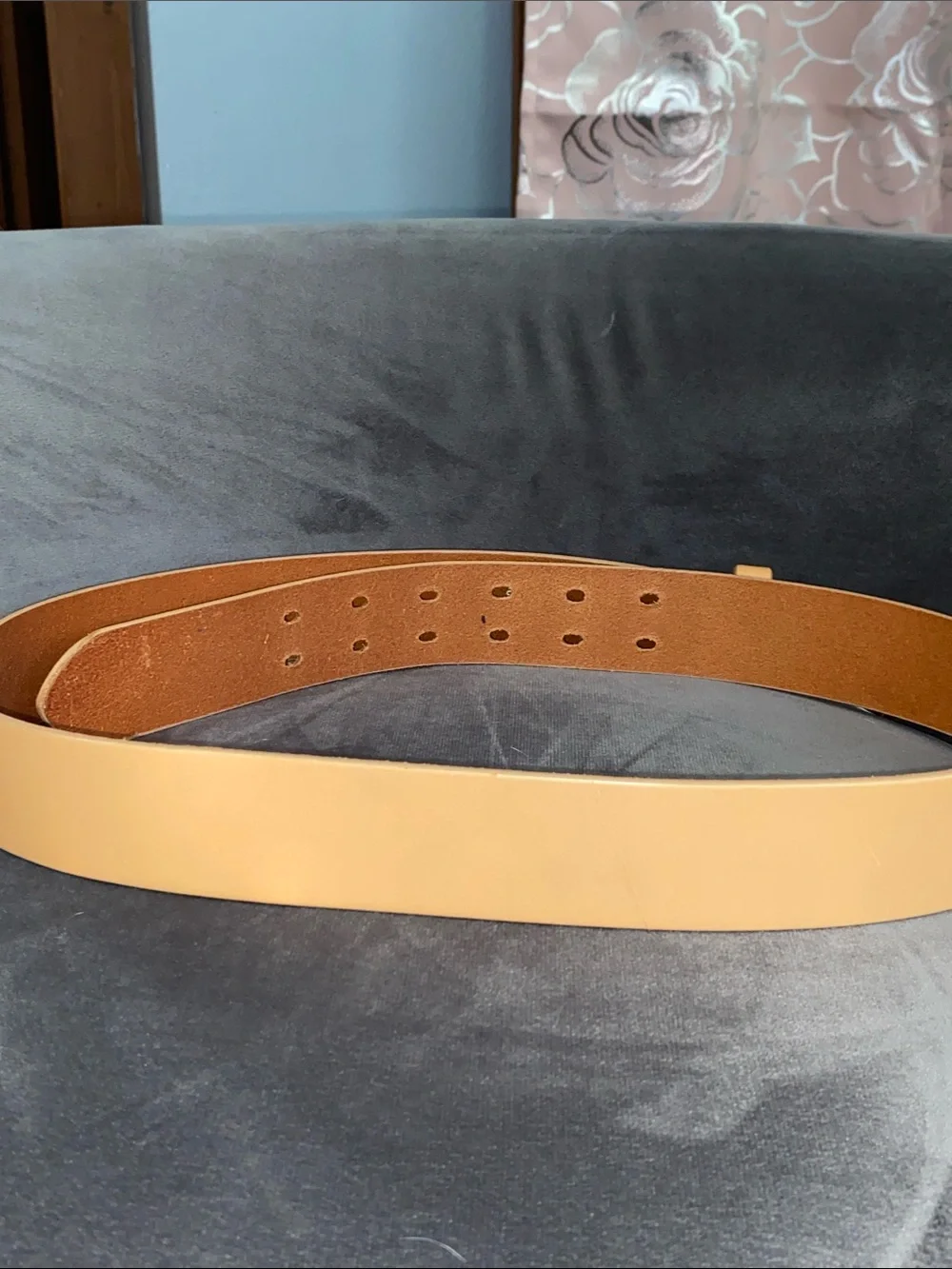 Vintage Express Tan Leather Belt Size L Double Prong Made in USA Y2K Boho Large